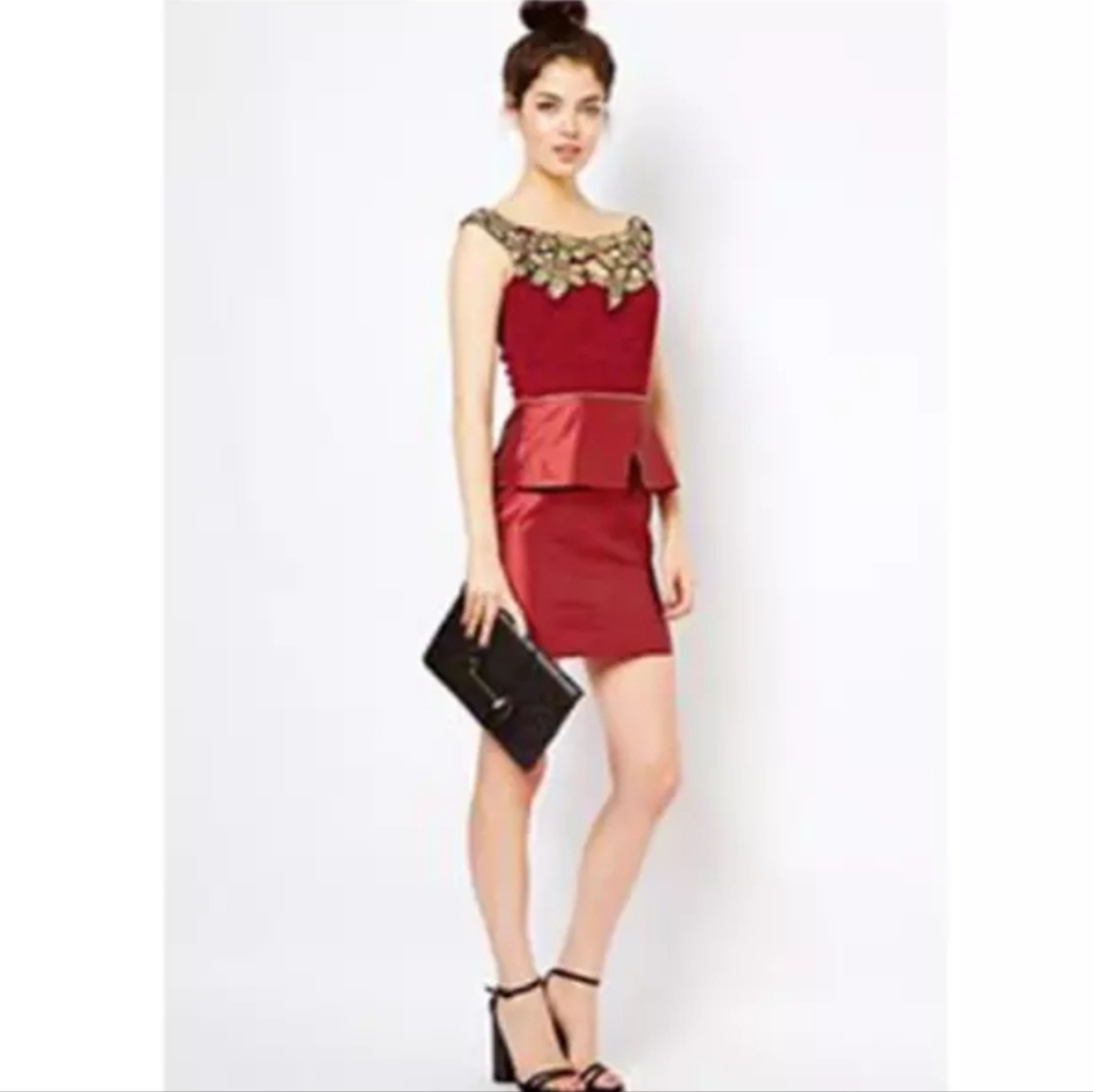Virgos Lounge Andrea Embellished Floral Top Party Dress Burgundy Sz Small  UK‎ 8